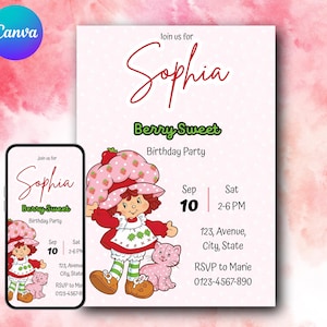 Editable Strawberry Shortcake-Inspired Birthday Invitation | Berry Sweet Party Invite | Editable Canva Template | Kids Birthday Invitation