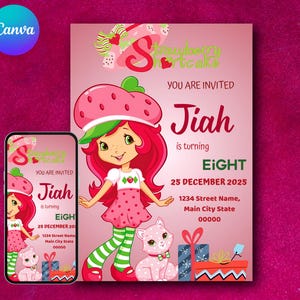 Editable Strawberry Shortcake-Inspired Birthday Invitation | Berry Sweet Party Invite | Editable Canva Template | Kids Birthday Invitation
