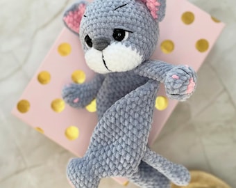 Manta de peluche de gato de ganchillo - Manta de peluche de gatito gris - Decoración infantil hecha a mano - Edredón de gato de ganchillo - Regalo para baby shower - Animal suave