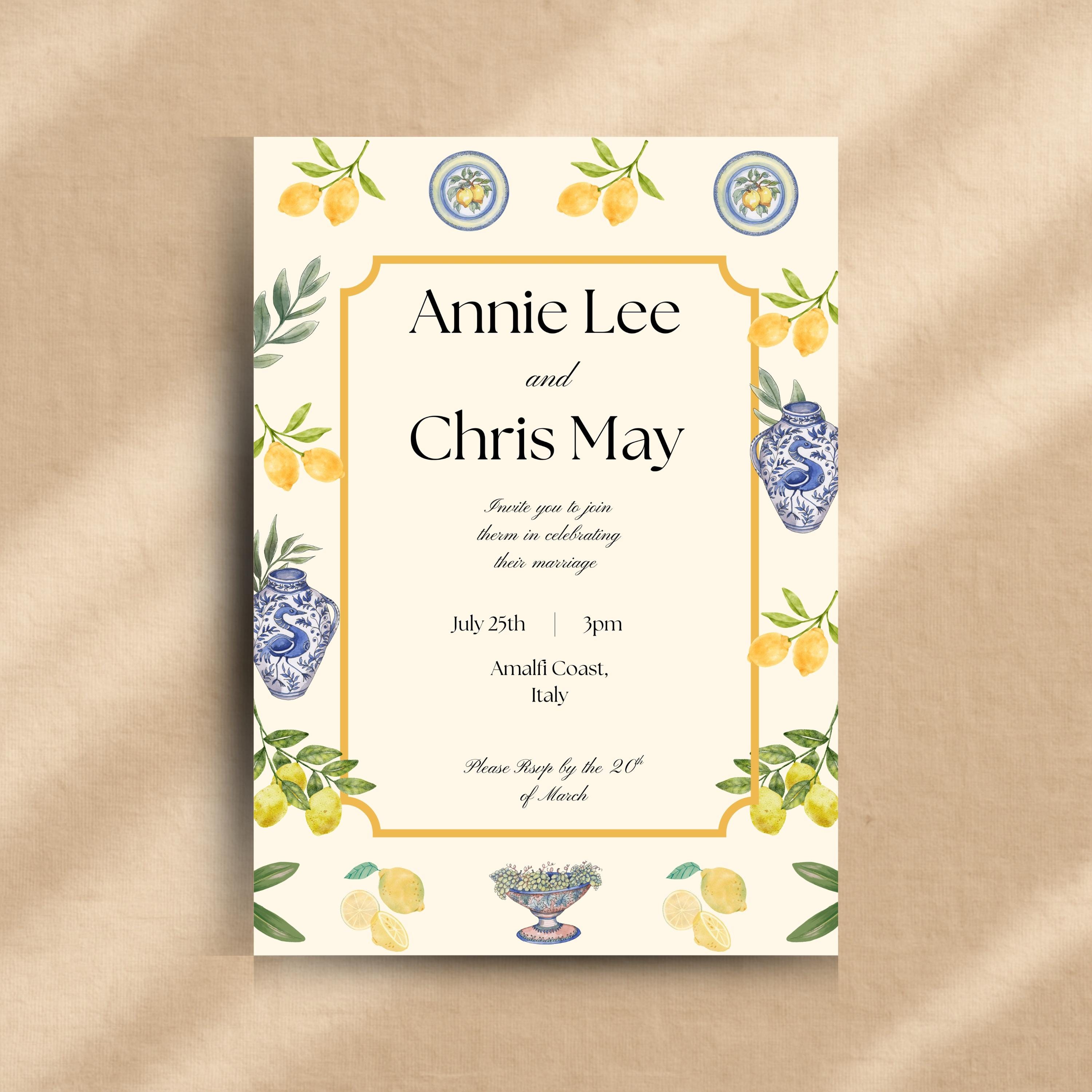 Lemon Wedding Invitation Template | Amalfi Coast Canva Invite (digital ...