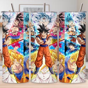 May include: A set of three stainless steel tumblers featuring a vibrant, colorful design of a popular anime character. The design includes various action poses and character transformations, with a mix of orange, blue, and yellow hues.