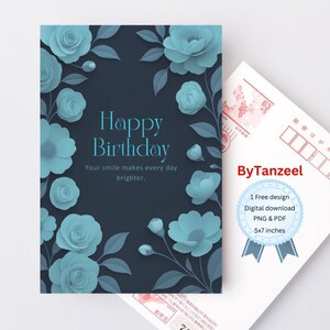 Carte d'anniversaire floral bleu profond pour tous, téléchargement numérique imprimable, voeux de joyeux anniversaire pour tous, carte HBD pour elle/lui, téléchargement immédiat