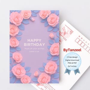 Carte de joyeux anniversaire rose rose - imprimable en téléchargement numérique, carte d'anniversaire florale, carte pour elle, carte HBD, téléchargement immédiat, fleurs en papier