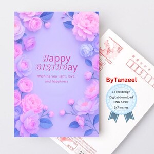 Elegante paarse verjaardagskaart voor iedereen - afdrukbare digitale download, fijne verjaardagswensen voor haar/hem, bloemdessin, instant download cadeau