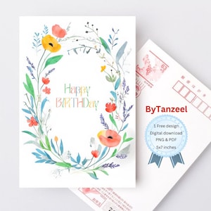 Aquarell Blumenkranz Geburtstagskarte für alle, Druckbare digitaler Download, künstlerische alles Gute zum Geburtstagkarte für Sie / Ihn, Geburtstagswünsche, Karten