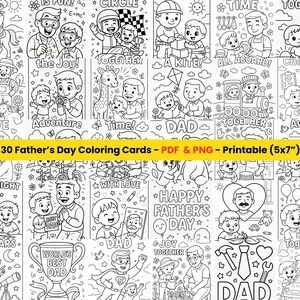 Lot de 30 cartes à colorier pour la fête des pères | PNG et PDF imprimables 5 x 7 pouces | 30 pages à colorier pour papa, papa ou grand-père pour enfants | Téléchargement instantané
