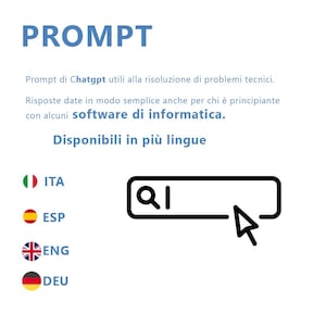 Può includere: Sfondo bianco con la parola "PROMPT" in blu. Testo in italiano che descrive l'utilizzo di ChatGPT per la risoluzione di problemi tecnici. Include un'icona della barra di ricerca con un cursore e bandiere per italiano, spagnolo, inglese e tedesco.