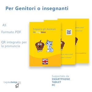 Può includere: Una pila di opuscoli didattici gialli con il titolo "Impara gli animali in inglese", con illustrazioni di un cane e un gatto. I libretti sono progettati per genitori e insegnanti e sono supportati da smartphone, tablet e PC.