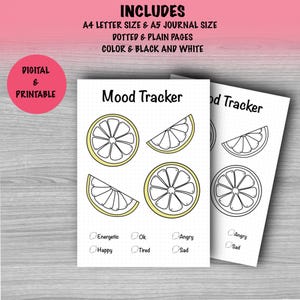 Peut inclure: Un suivi d'humeur numérique et imprimable avec des illustrations de citrons. Le design comprend des formats A4 et A5, des pages pointillées et unies, et des options couleur et noir et blanc. Le texte comprend "Mood Tracker" et des options d'humeur.