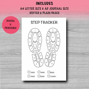 May include: A printable step tracker with a footprint design. The design includes numbered sections for tracking steps, along with checkboxes for daily goals. The text includes "A4 Letter Size & A5 Journal Size" and "Digital & Printable".