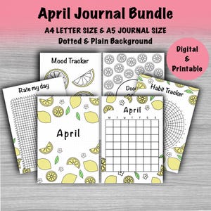 May include: A journal bundle with a lemon theme. The cover reads "April" and includes a calendar, mood tracker, and habit tracker. The text "Digital & Printable" is also visible.