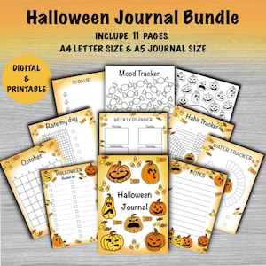 May include: A digital and printable Halloween journal bundle featuring 11 pages in A4 letter and A5 sizes. The collection includes a mood tracker, weekly planner, habit tracker, water tracker, to-do list, notes, and a calendar with pumpkin graphics.
