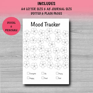 Flower Mood Tracker Printable - Black and White Journal Insert - Monthly Mood Tracker Page A4 A5 - Dotted or Plain - Digital Download