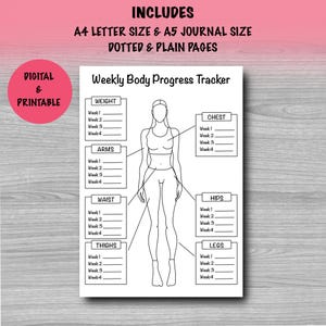 Puede incluir: Un rastreador de progreso corporal semanal imprimible en blanco y negro con un contorno de figura femenina. El rastreador incluye secciones para peso, pecho, brazos, cintura, caderas, muslos y piernas, con espacio para registrar mediciones semanales. El texto "DIGITAL & PRINTABLE" está en un círculo rosa.