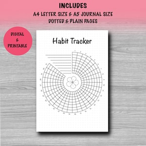 May include: A digital printable habit tracker with a floral design. The tracker includes A4 and A5 sizes, with dotted and plain pages. The title "Habit Tracker" is displayed at the top of the page. A pink circle with the words "Digital & Printable" is in the upper left corner.