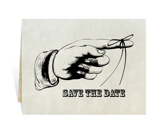 Save the date invitation downloadable printable card art for wedding retirement party reception celebration, pointing finger string reminder