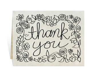 Thank you notes, cards or coloring sheets printable in black. Hand lettering and flowers show gratitude, appreciation of gifts or kindness.