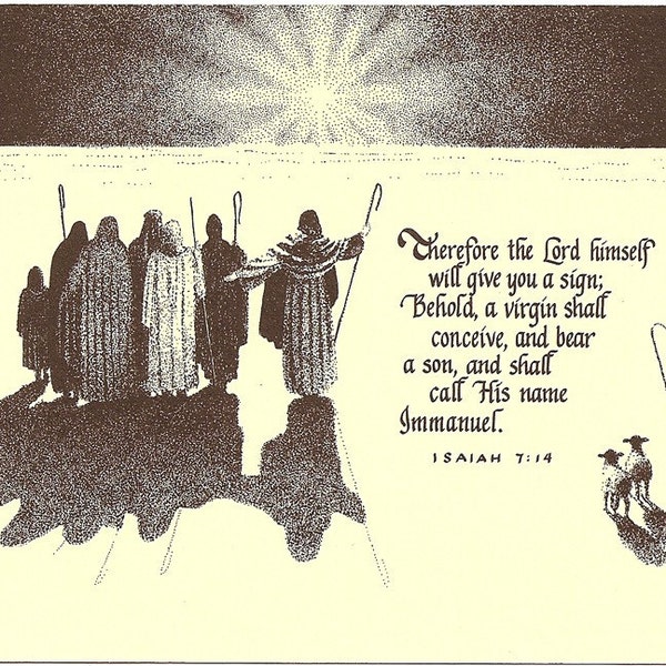 Christmas card set of 20 Christian postcards for men, women, children with shepherds following Bethlehem star, calligraphy Bible verse.