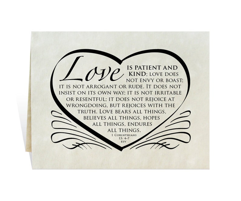 Wedding printable card program invitation reception poster anniversary Valentine love is patient and kind Bible verse calligraphy and heart image 1