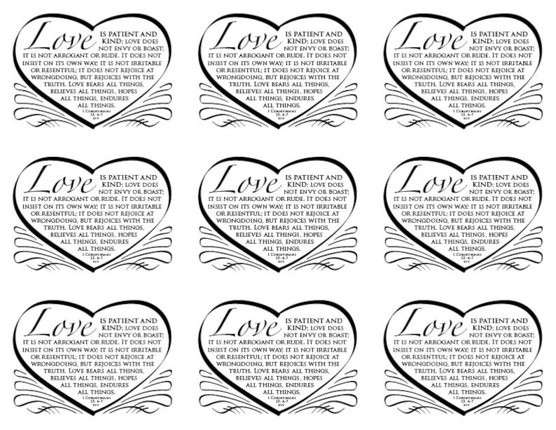 Wedding printable card program invitation reception poster anniversary Valentine love is patient and kind Bible verse calligraphy and heart image 4