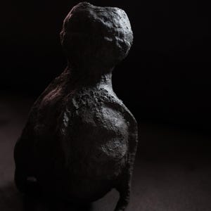 Puede incluir: Escultura oscura y texturizada de una figura sentada, vista desde atrás. La figura es de un negro mate sólido, con una superficie rugosa e irregular. La escultura tiene un cuerpo redondeado y una pequeña cola circular.