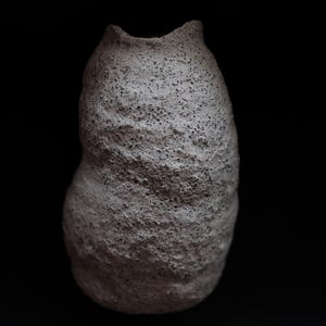 Puede incluir: Un jarrón de cerámica texturizada de color blanquecino con una forma orgánica única. El jarrón tiene una superficie rugosa y moteada y una parte superior distintiva con dos puntas pequeñas y redondeadas. El fondo es negro sólido.