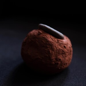 Può includere: Primo piano di un singolo tartufo rotondo e marrone scuro, spolverato con cacao in polvere. Un piccolo pezzo grigio rettangolare è posto sopra. Il tartufo è posto su uno sfondo scuro, evidenziando la sua consistenza e forma.