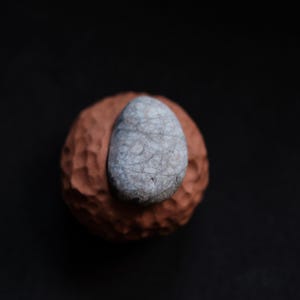 May include: A small, oval, light gray stone with a web-like pattern rests on a textured, reddish-brown, spherical object. The objects are set against a solid black background, creating a striking contrast.