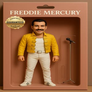 Może przedstawiać: Figurka Freddiego Mercury'ego w pudełku wystawowym. Figurka ma na sobie żółtą kurtkę, białe spodnie i białe buty. Na pudełku widnieje napis "FREDDIE MERCURY" i zawiera statyw mikrofonowy.