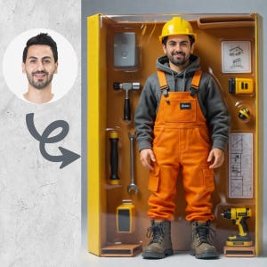 Può includere: Bambola di operaio edile con tuta arancione, felpa con cappuccio grigia e casco giallo. La bambola è in una scatola gialla con vari strumenti, tra cui un martello, una chiave inglese e un trapano. La bambola indossa stivali da lavoro.