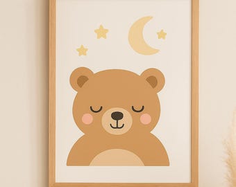 Schläfriger Bär Poster: Boho Mond & Sterne Wandkunst (Digitaler Download