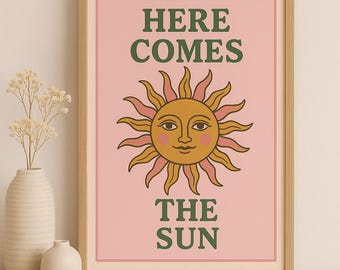 Impression rétro « Here Comes the Sun » : oeuvre d'art murale vintage Pink Sun (téléchargement numérique)