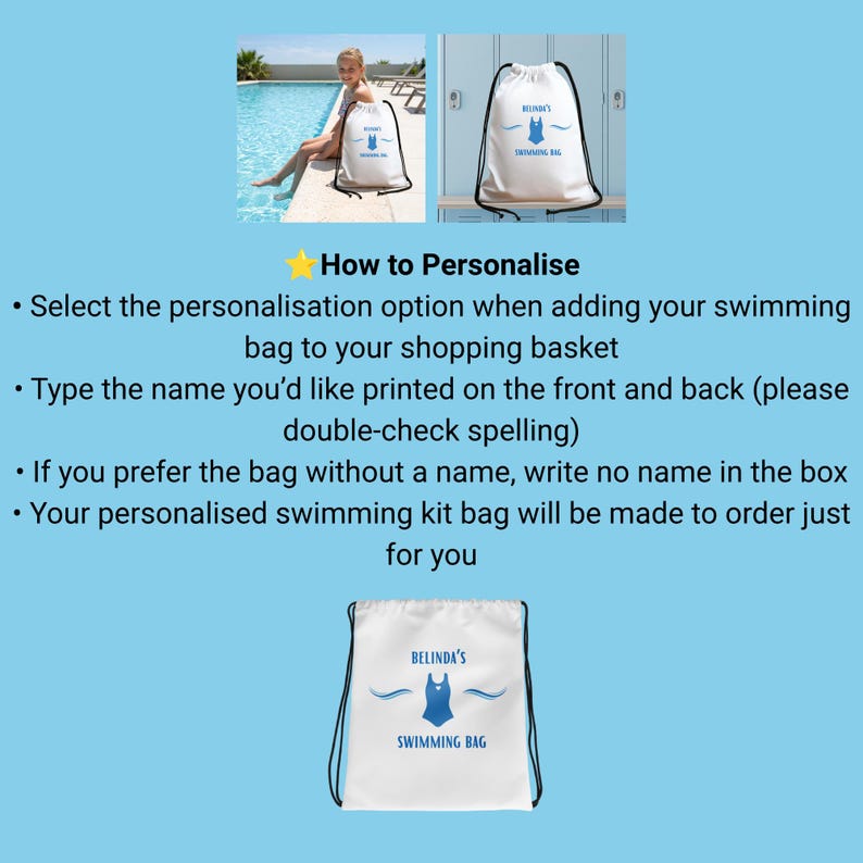 Personalised Swimming Drawstring Bag – Custom Name Two‑sided Water ...