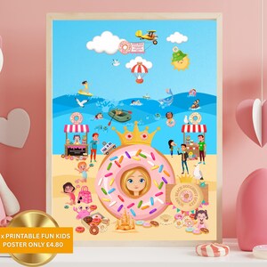 Póster infantil Sunny Beach Doughnut Queen, arte de pared imprimible para dormitorio infantil, impresión digital, decoración infantil, sala de juegos, vacaciones de verano, tamaño mediano (A2, A3, EE. UU.)