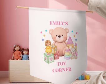 Personalised Kids Girls Toy Corner Pennant Banner, Custom Name Front Print Flag Child Room Wall Art, Playroom, Bedroom Hanging Sign Décor