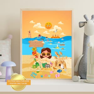Póster infantil Sunny Beach Sandstorm, impresión digital para dormitorio infantil, decoración de guardería, sala de juegos, arte de pared imprimible para vacaciones de verano, tamaño mediano (A2, A3, EE. UU.)