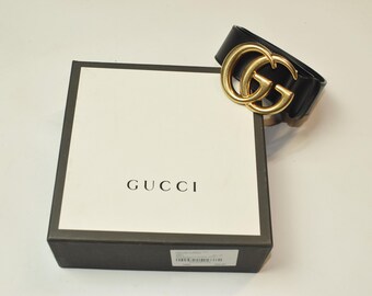 1980s Gucci Gold Metal Buckle Black Leather Belt - Etsy display picture 2