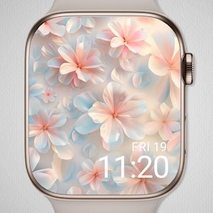 Könnte beinhalten: Eine Smartwatch mit floralem Design auf dem Bildschirm. Das Zifferblatt zeigt ein Muster aus rosa und hellblauen Blumen. Die Uhrzeit ist 11:20 Uhr und das Datum ist Freitag, der 19.