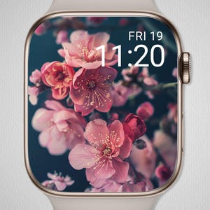 Sfondo floreale per Apple Watch - Scarica il quadrante estetico dell'orologio, download digitale istantaneo, screensaver sognante con fiori di ciliegio rosa e blu