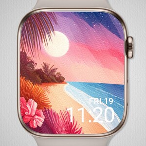 May include: A smartwatch displaying a tropical beach scene. The screen features a sunset over a beach with palm trees, ocean waves, and a full moon. The date and time are shown: FRI 19, 11:20.