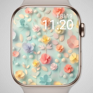 Sfondo 3D per Apple Watch con ritaglio di carta - Scarica il quadrante estetico dell'orologio, digitale istantaneo, grazioso sfondo botanico floreale giallo blu