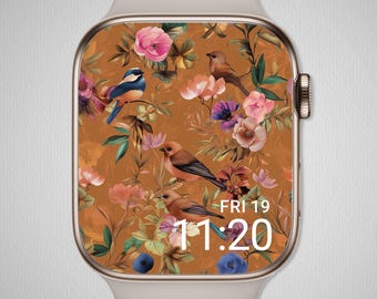 Floral Bird Pattern Apple Watch Wallpaper – Aesthetic Watch Face Download, Instant Digital Download, Dreamy Romantic Morris Style Background