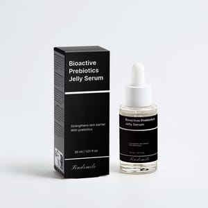 May include: A black box and a clear glass bottle of Findsmile Bioactive Prebiotics Jelly Serum. The box and bottle have white text that reads "Bioactive Prebiotics Jelly Serum" and "Strengthens skin barrier With prebiotics". The bottle contains 30 ml / 1.01 fl oz.