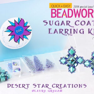 May include: A beadwork kit for making sugar coated earrings. The kit includes a variety of beads in blue, purple, and silver tones, as well as earring hooks. The kit is packaged in clear plastic bags and includes instructions. The kit is labeled "Desert Star Creations" and "Sugar Coated Earring Kit".