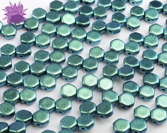 30x Czech Honeycomb Beads 6mm Hexagonal 2 Hole Motley Viridian