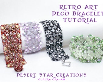 Retro Art Deco Cuff Bracelet Tutorial, Silky Superduo Kheop Cuff Pattern, Two-hole Czech Glass Bracelet Instructions, Laura Graham Design