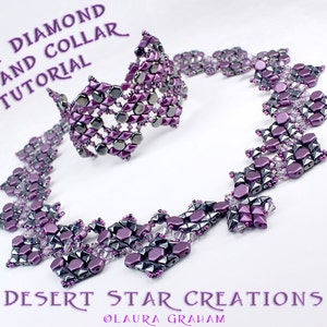 May include: A handmade jewellery set comprising a cuff bracelet and a necklace. The pieces are made of purple and silver beads, arranged in a geometric pattern. The text "HONEY DIAMOND CUFF AND COLLAR TUTORIAL" is visible.