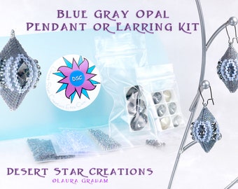 Shiva Earring Ornament Kit in Gray Opal Blue, 3D Beaded Bead Kit, Silver Night Swarovski Crystal Rivoli Bezel, Peyote Delica Beadweaving Kit