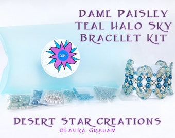 Dame Paisley Teal Green Halo Sky Bracelet Kit, PaisleyDuo, Candy Beads, Minos, Swarovski Crystal Beadweaving Cuff Kit, Pattern and Beads DIY