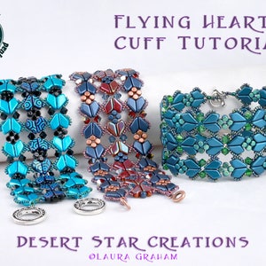 May include: Three beaded bracelets with a geometric heart design in shades of blue, green, and red. The bracelets are made with seed beads and feature a clasp closure. The image includes the text "Flying Hearts Cuff Tutorial" and "Desert Star Creations Laura Graham".